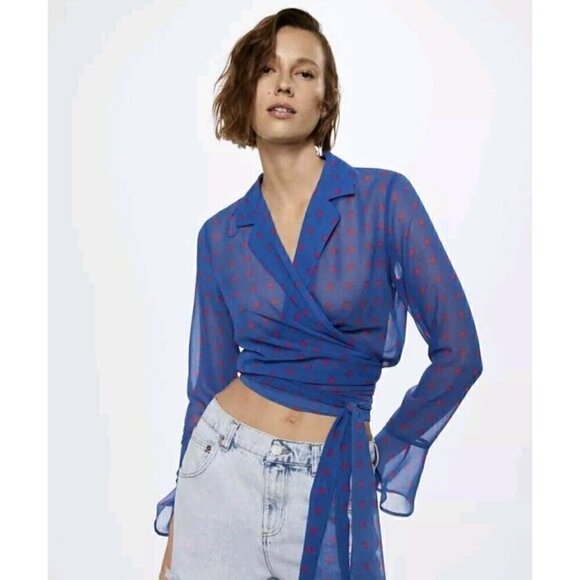 Mango Wrap Top Blouse Blue Sheer - Picture 1 of 6